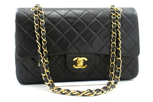 CHANEL Classic Double Flap 10" Chain Shoulder Bag Black Lambskin m77 hannari-shop