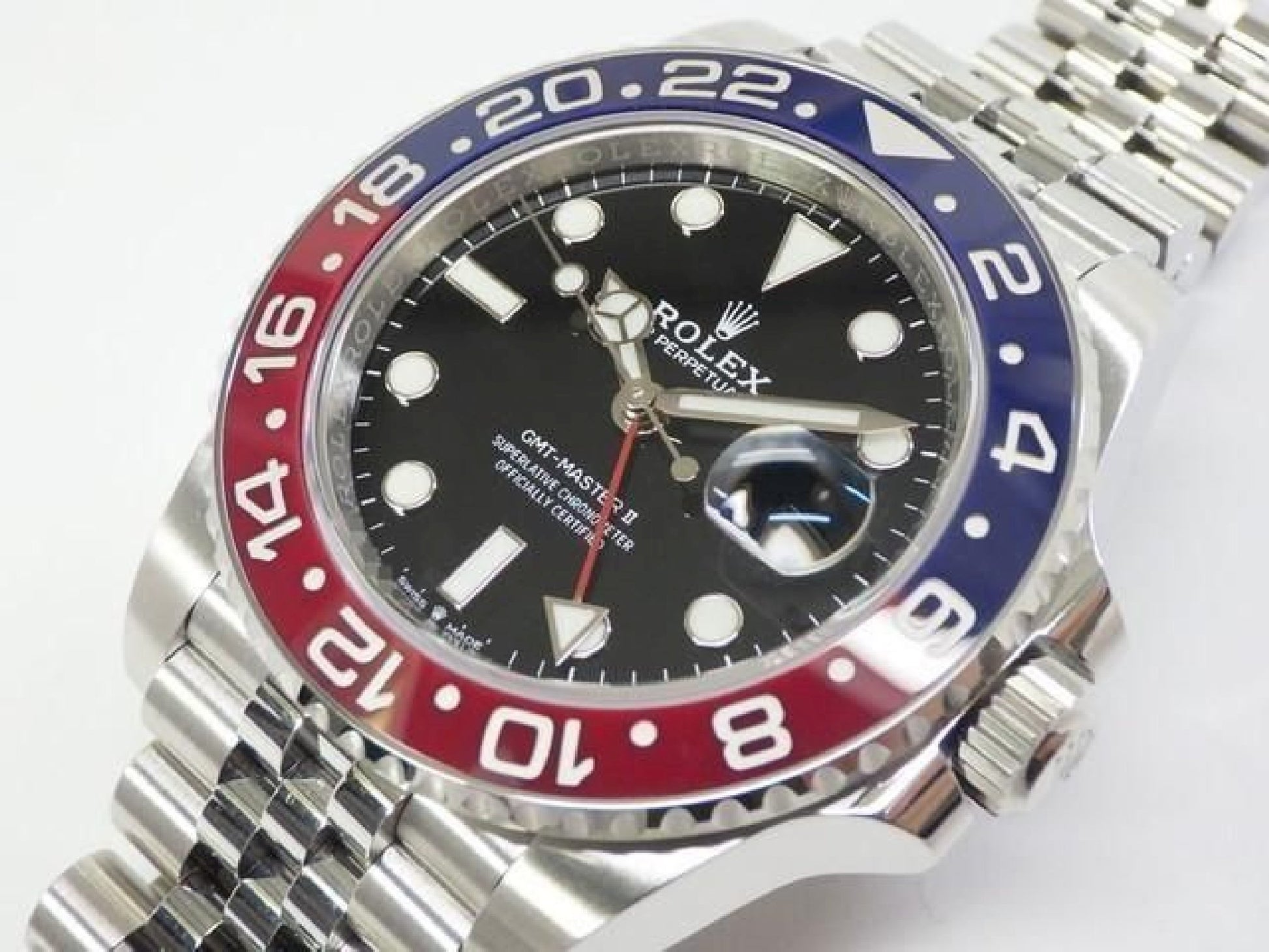 ROLEX GMT MasterII mit rot-blauer Lünette, Jubilee-Armband, Modell 126710BLRO, Baujahr '22, Herren, Seriennummer 191676704, hannari-shop