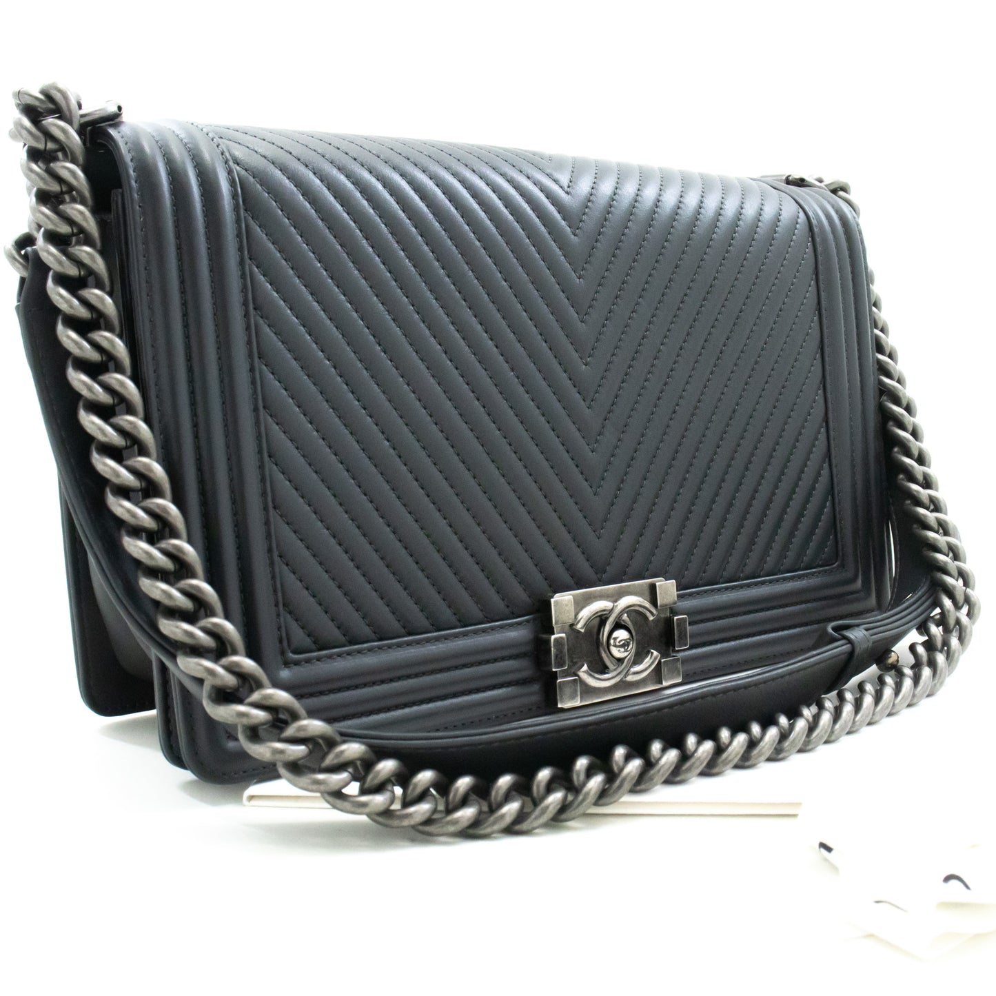 CHANEL Boy Dunkelgraue V-Steppkette Schultertasche Gestepptes Klappfach n41 hannari-shop