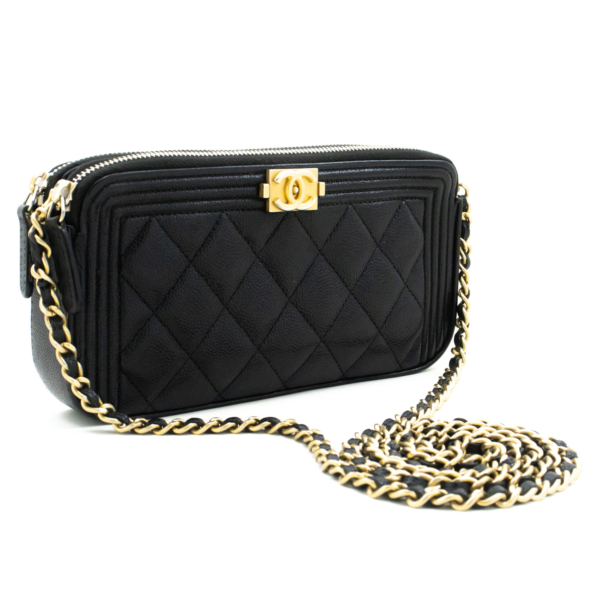 CHANEL Boy Black Caviar Geldbörse mit Kette WOC Doppelter Reißverschluss Schultertasche n35 hannari-shop