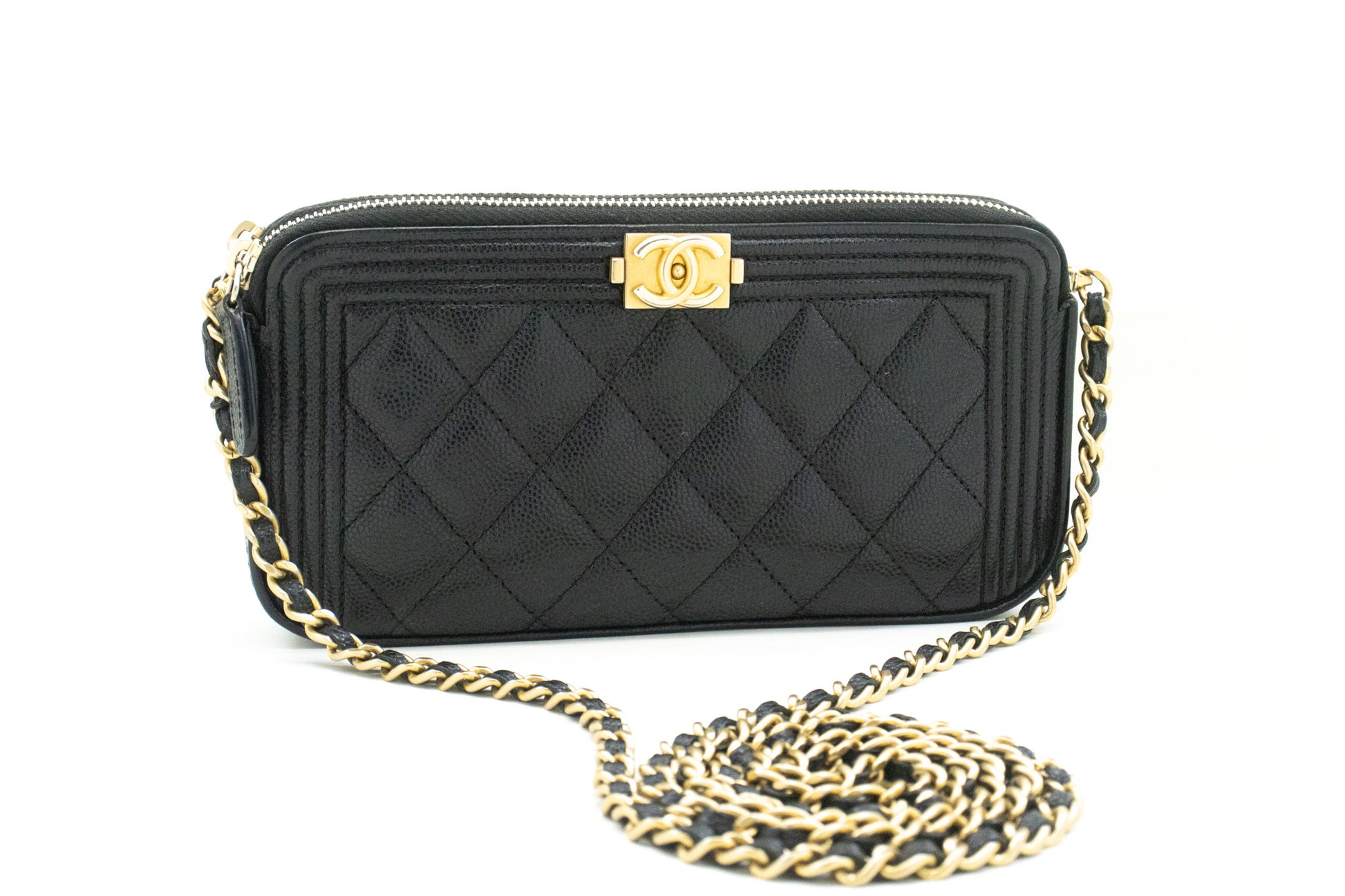 CHANEL Boy Black Caviar Geldbörse mit Kette WOC Doppelter Reißverschluss Schultertasche n35 hannari-shop