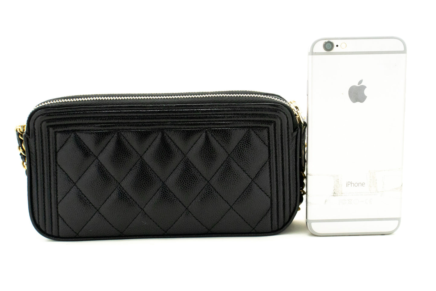 CHANEL Boy Black Caviar Geldbörse mit Kette WOC Doppelter Reißverschluss Schultertasche n35 hannari-shop