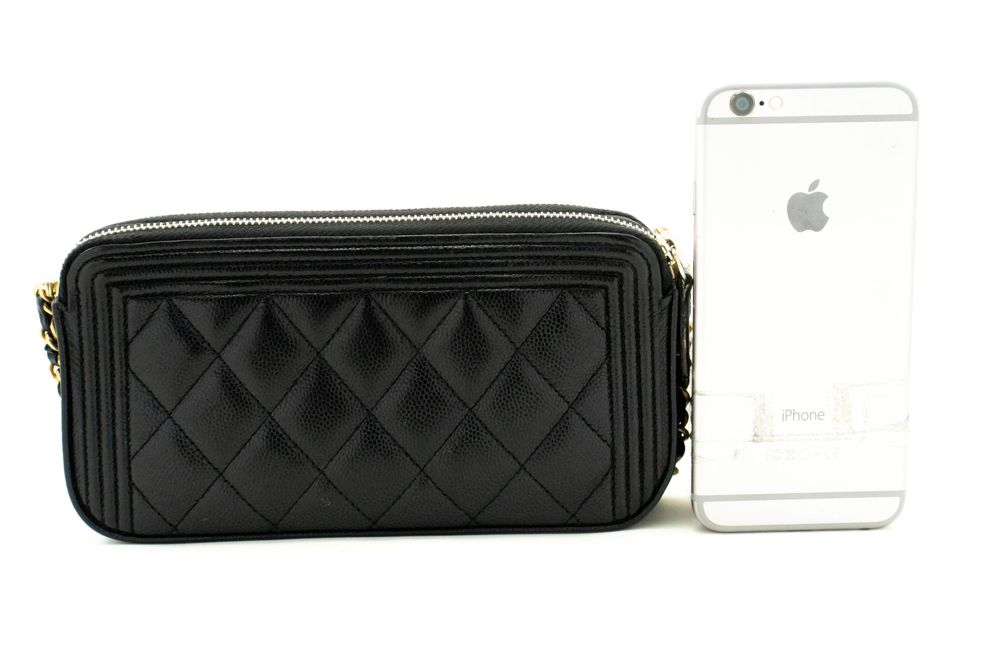 CHANEL Boy Black Caviar Geldbörse mit Kette WOC Doppelter Reißverschluss Schultertasche n35 hannari-shop