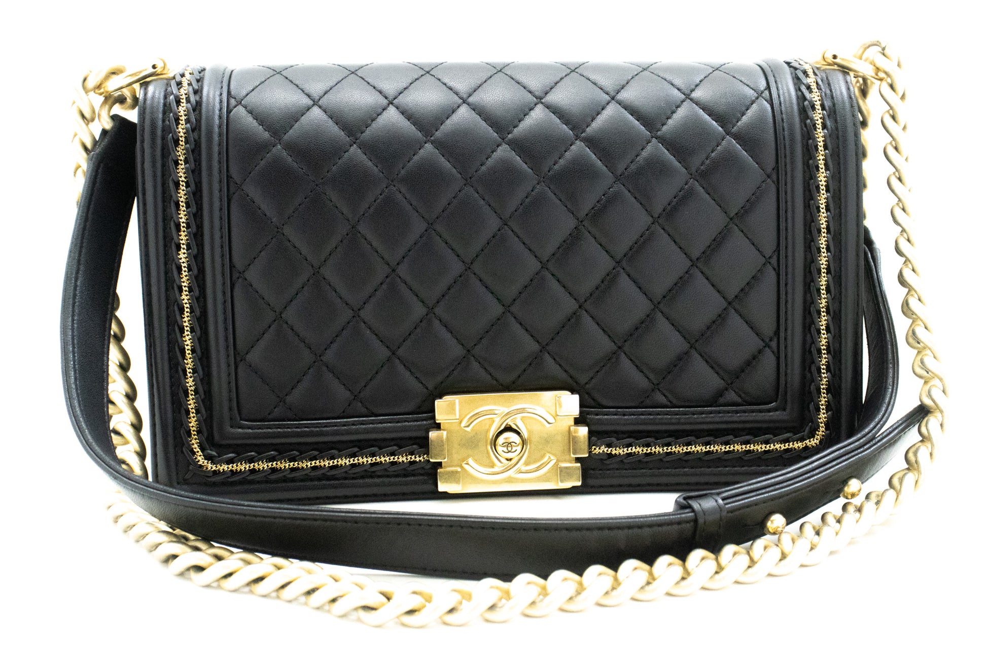 CHANEL Boy Chain Schultertasche Schwarz Gepolstertes Klappfach Lammleder n46 hannari-shop