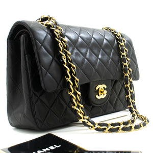 CHANEL Classic Double Flap 10" Chain Shoulder Bag Black Lambskin p29 hannari-shop