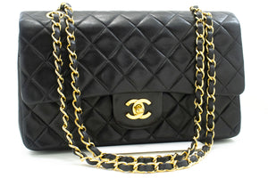 CHANEL Classic Double Flap 10" Chain Shoulder Bag Black Lambskin p29 hannari-shop