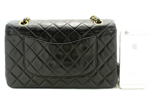 CHANEL Classic Double Flap 10" Chain Shoulder Bag Black Lambskin p29 hannari-shop