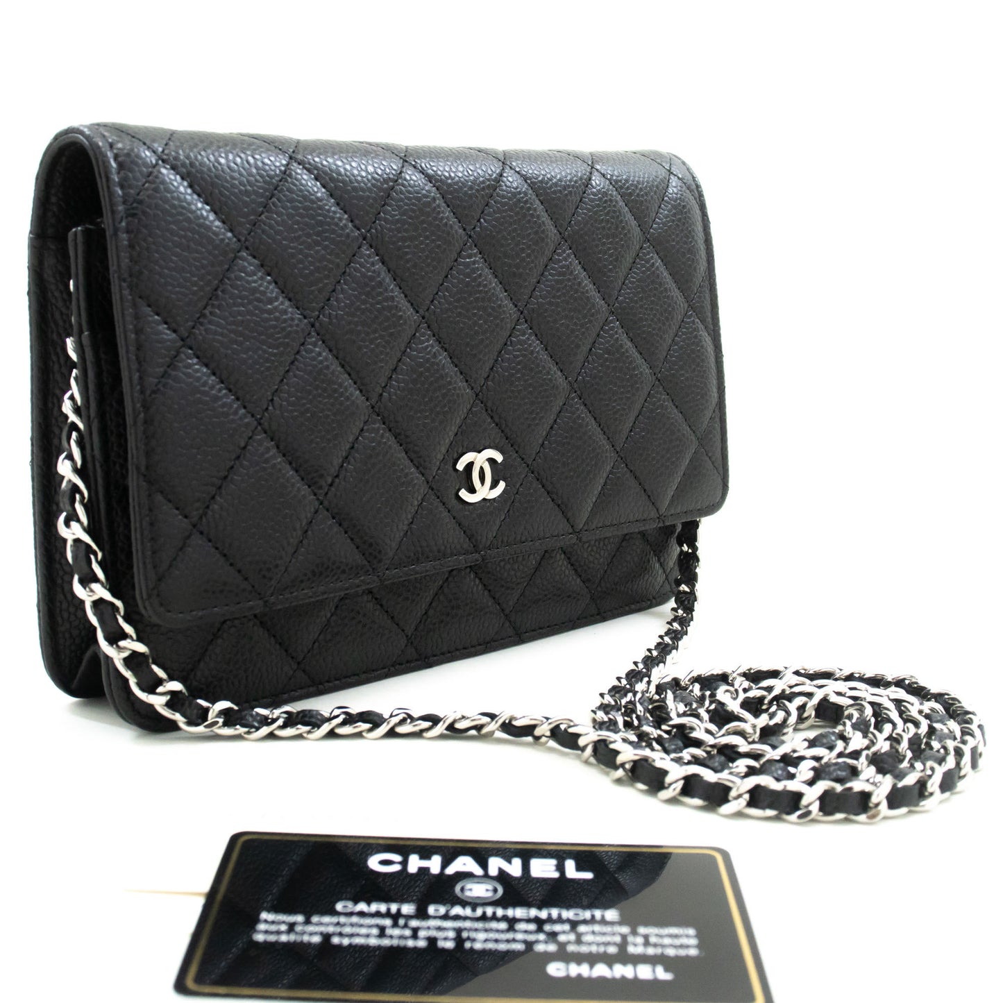 CHANEL Geldbörse mit Kette WOC aus genarbtem Kalbsleder, schwarze Schultertasche p60 hannari-shop