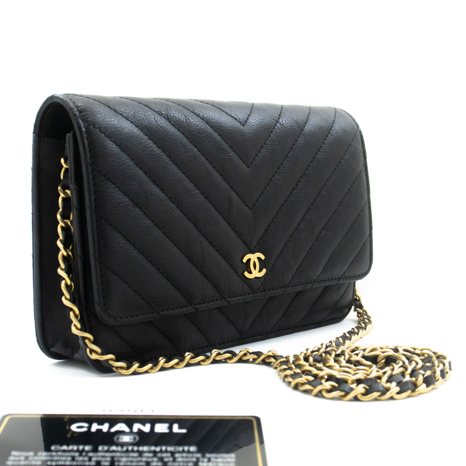CHANEL V-Stitch Geldbörse aus Kalbsleder mit Kette WOC Umhängetasche ab2 hannari-shop