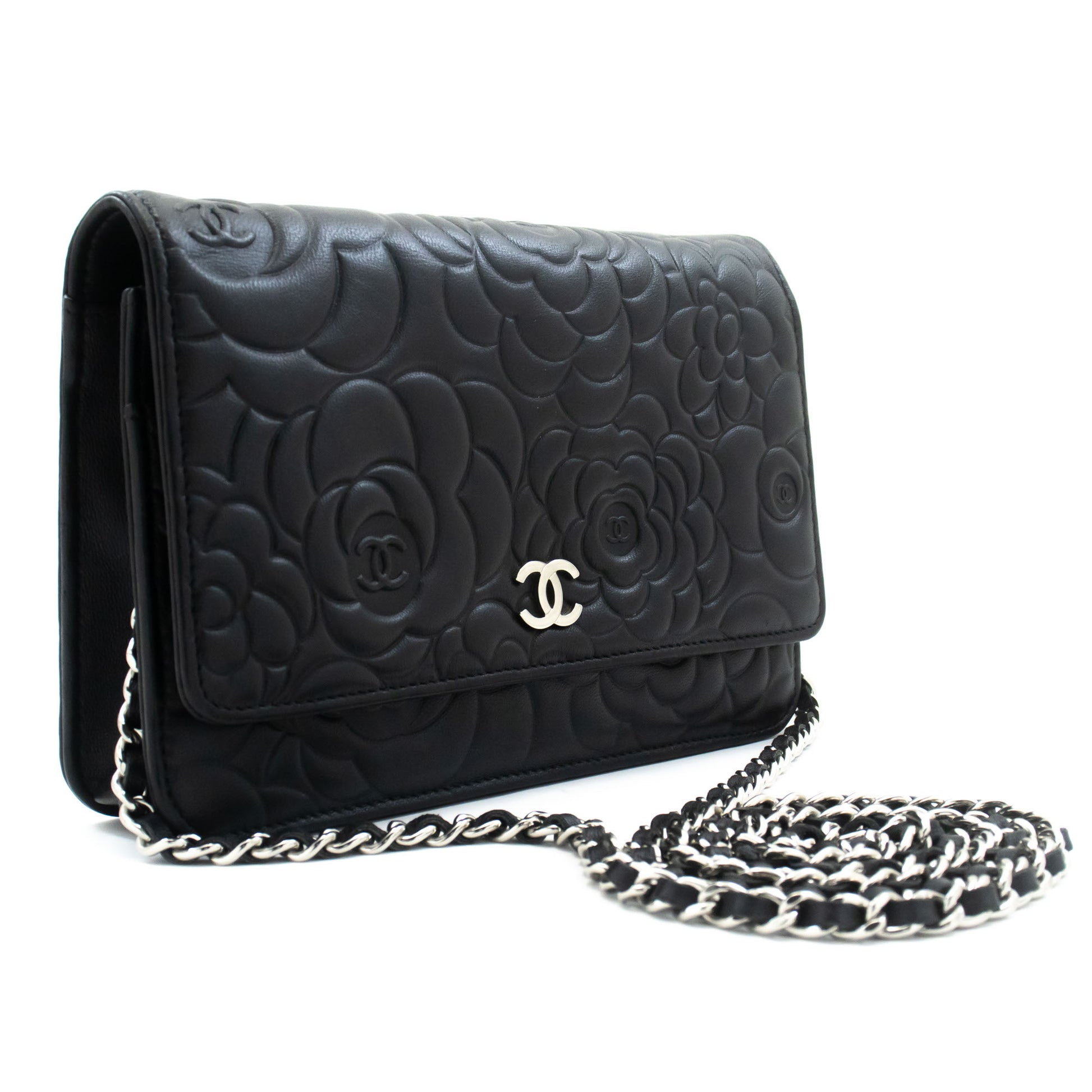 CHANEL Schwarze Camellia Prägung Geldbörse mit Kette WOC Schultertasche ab6 hannari-shop