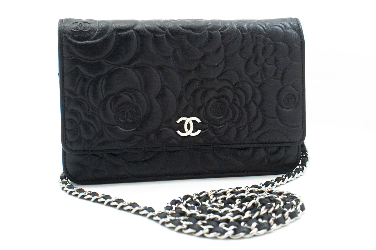 CHANEL Schwarze Camellia Prägung Geldbörse mit Kette WOC Schultertasche ab6 hannari-shop