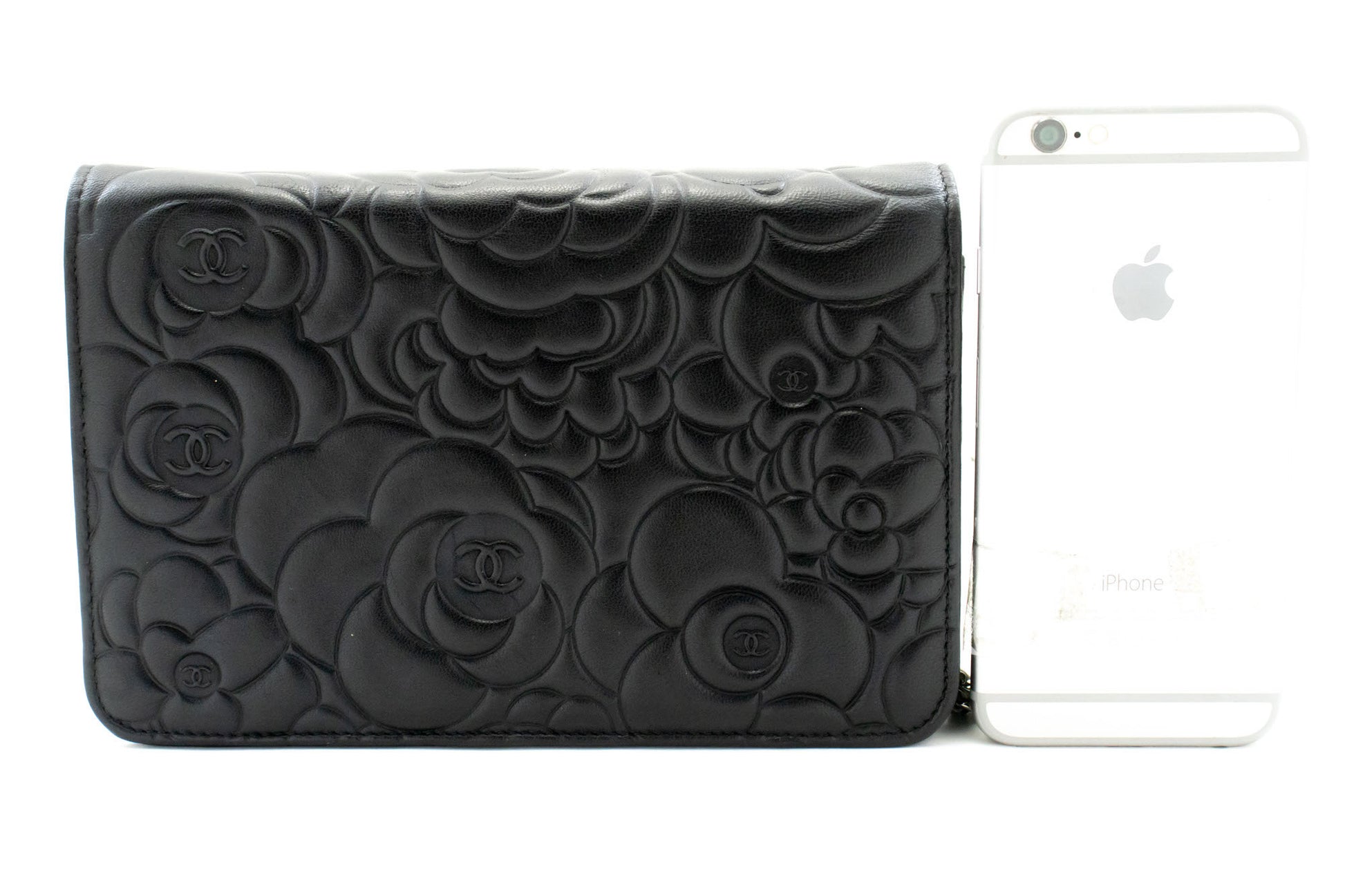 CHANEL Schwarze Camellia Prägung Geldbörse mit Kette WOC Schultertasche ab6 hannari-shop