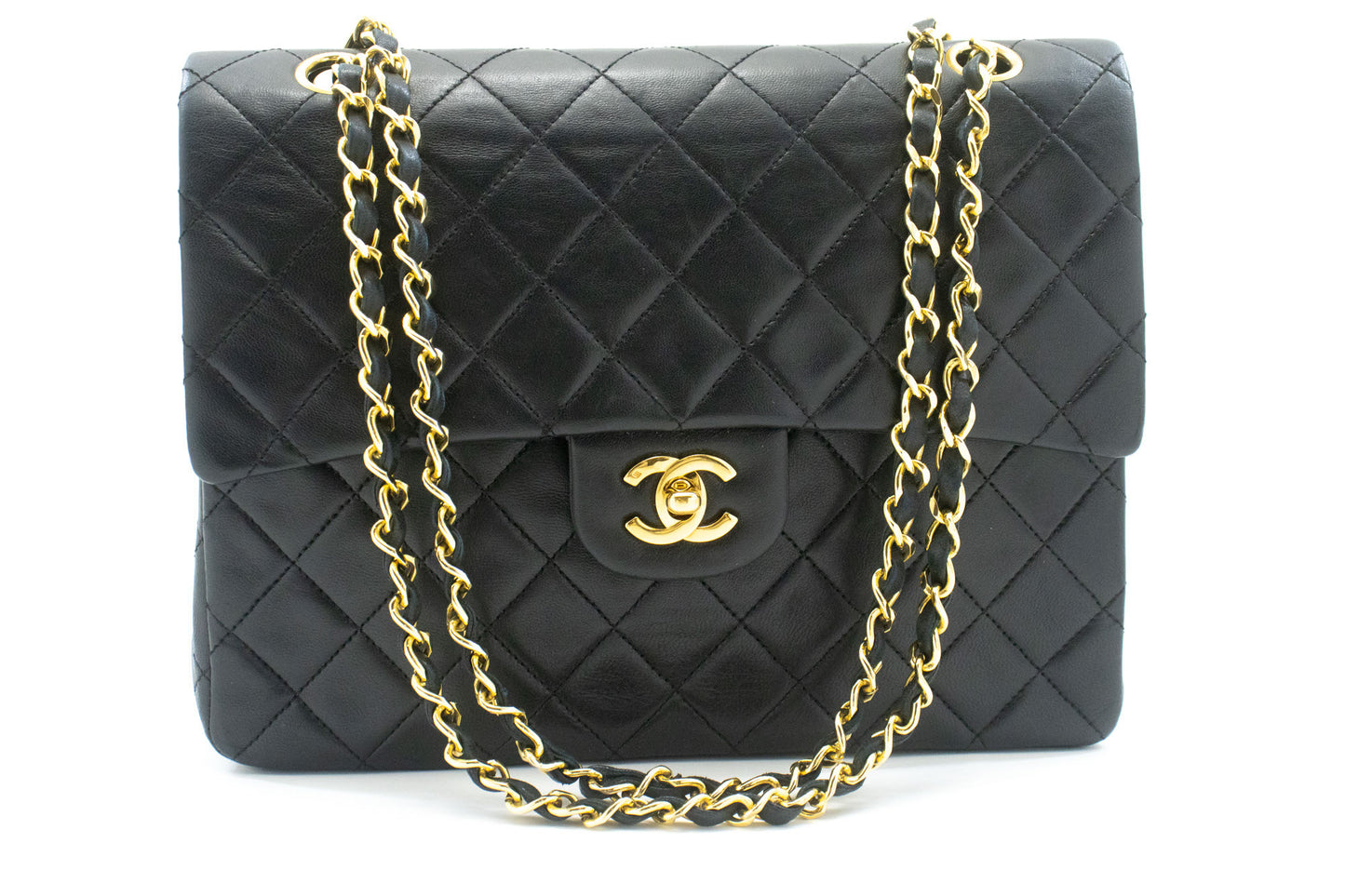 CHANEL Classic Double Flap Square Chain Schultertasche Schwarz Lamm ad7 hannari-shop