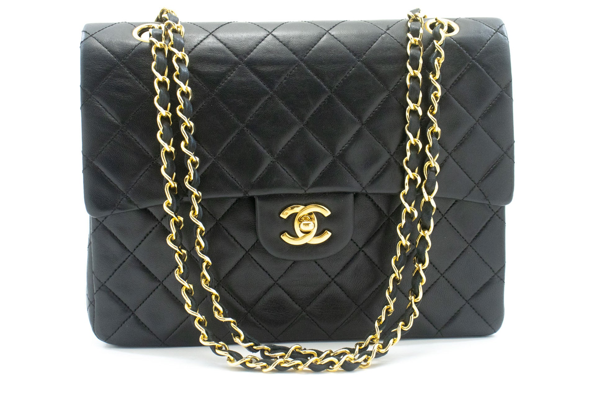 CHANEL Classic Double Flap Square Chain Schultertasche Schwarz Lamm ad7 hannari-shop