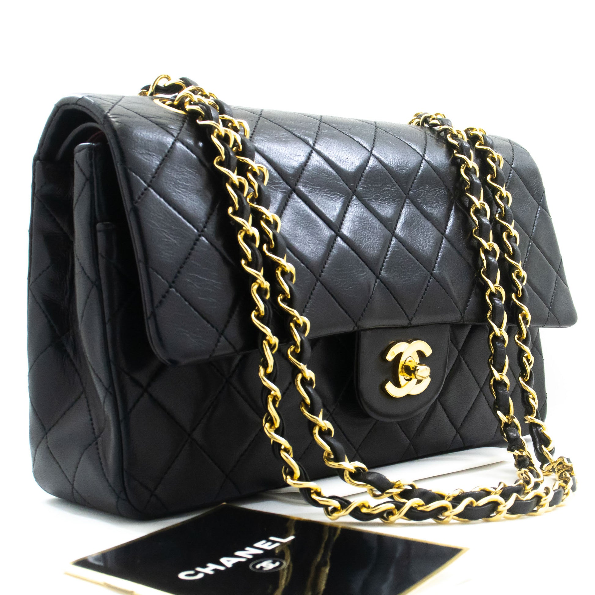 CHANEL Classic Double Flap 10" Kettenschultertasche Schwarz Lammleder ad8 hannari-shop
