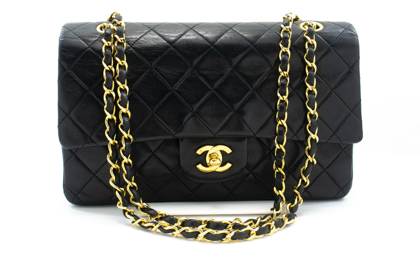 CHANEL Classic Double Flap 10" Kettenschultertasche Schwarz Lammleder ad8 hannari-shop