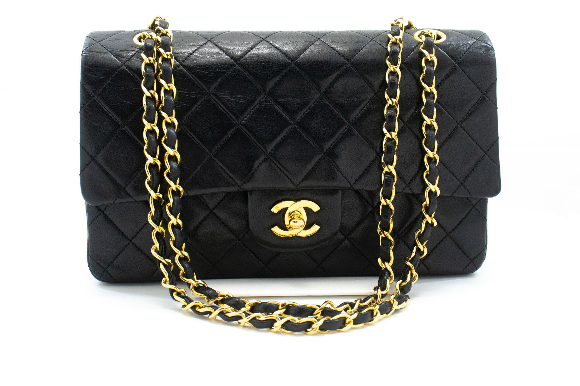 CHANEL Classic Double Flap 10" Kettenschultertasche Schwarz Lammleder ad8 hannari-shop