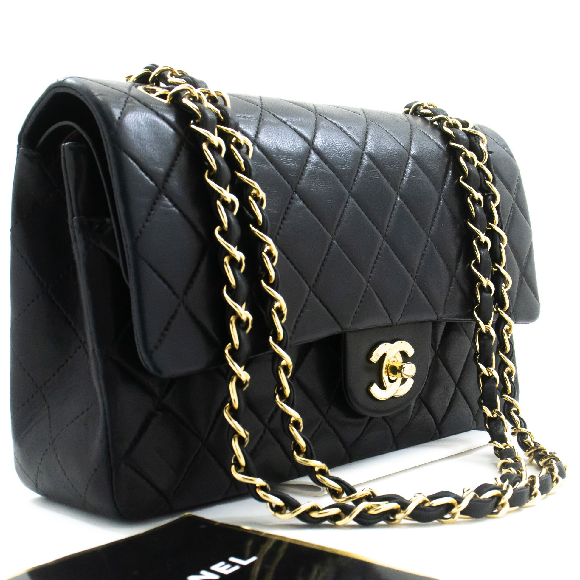 CHANEL Classic Double Flap 10" Kettenschultertasche Schwarz Lammleder ac9 hannari-shop