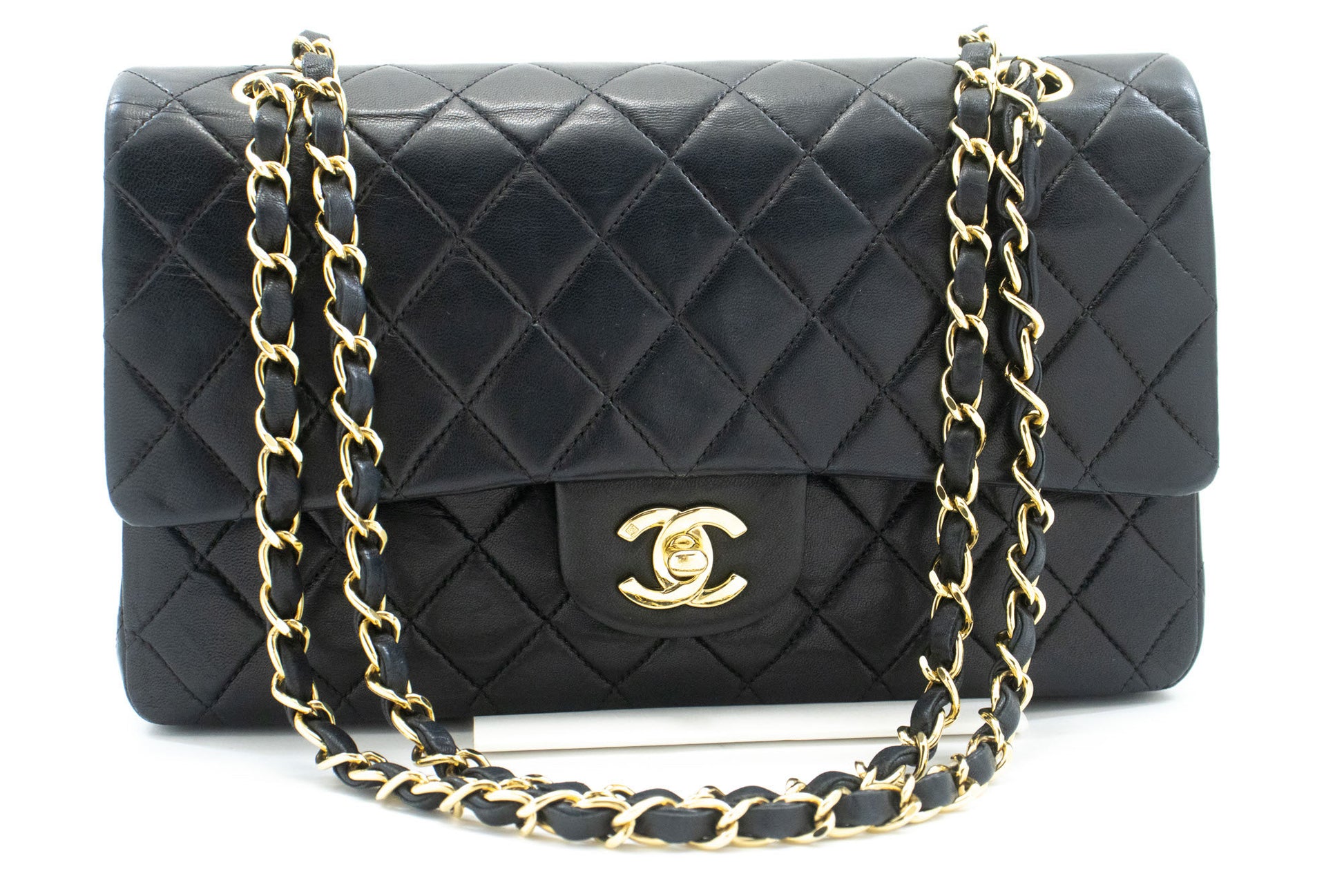 CHANEL Classic Double Flap 10" Kettenschultertasche Schwarz Lammleder ac9 hannari-shop