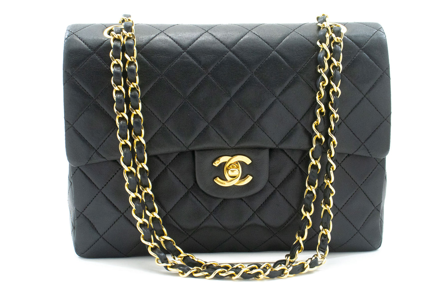CHANEL Classic Double Flap Square Chain Schultertasche Schwarz Lamm ad1 hannari-shop