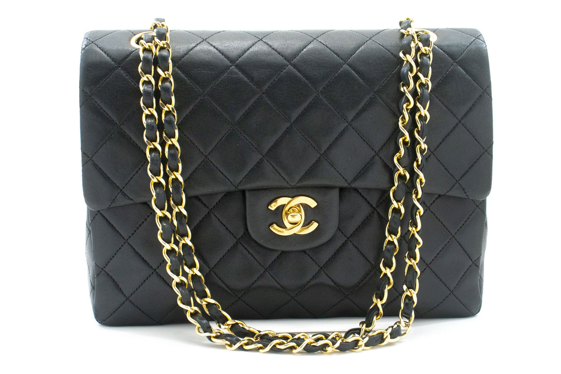 CHANEL Classic Double Flap Square Chain Schultertasche Schwarz Lamm ad1 hannari-shop