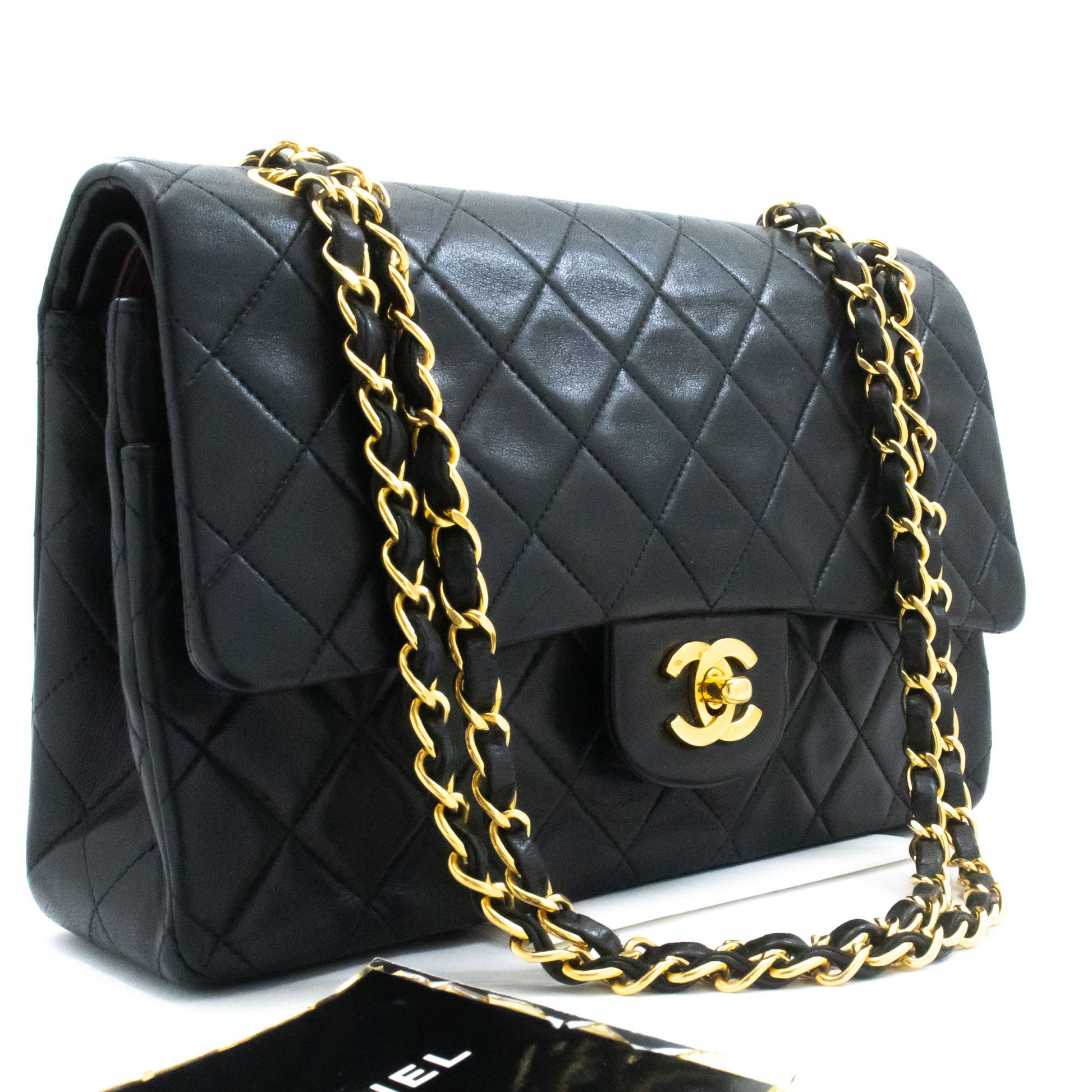 CHANEL Classic Double Flap 10" Schultertasche mit Kette, Schwarz, Lammleder ag1 hannari-shop