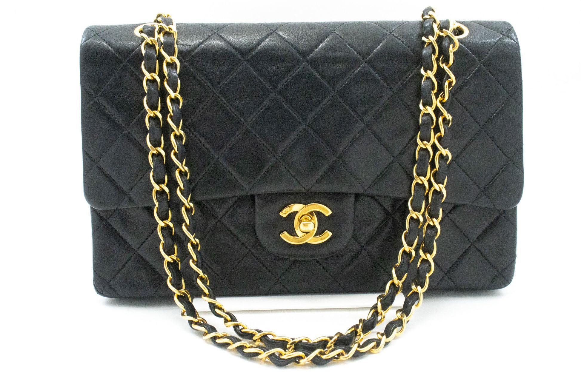 CHANEL Classic Double Flap 10" Schultertasche mit Kette, Schwarz, Lammleder ag1 hannari-shop