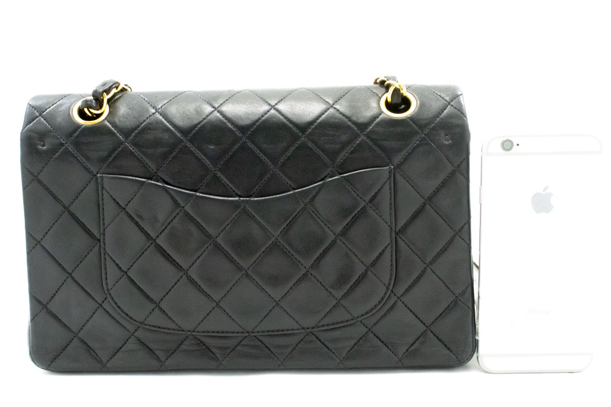 CHANEL Classic Double Flap 10" Schultertasche mit Kette, Schwarz, Lammleder ag1 hannari-shop
