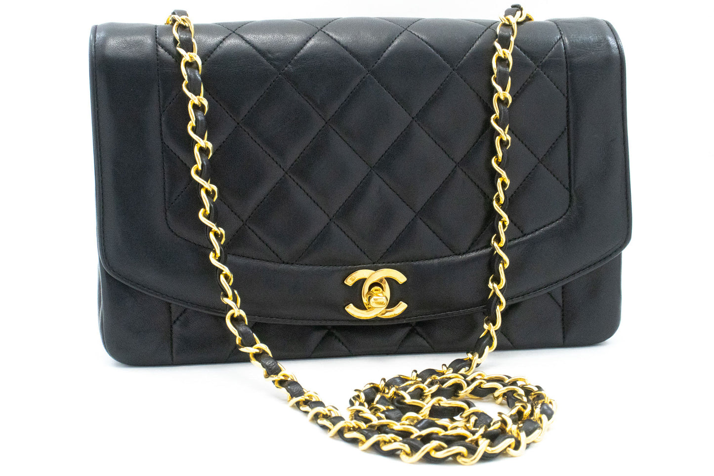 CHANEL Diana Flap Chain Schultertasche Schwarz Stepp Lammleder Geldbörse ah1 hannari-shop