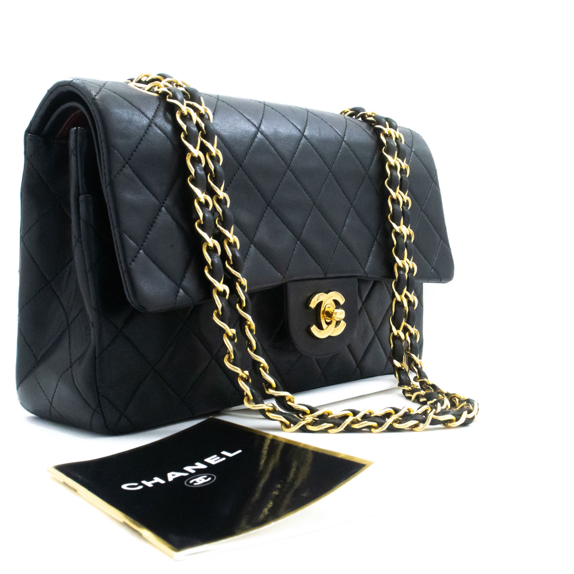 CHANEL Classic Double Flap 10" Chain Shoulder Bag Black Lambskin ag5 hannari-shop
