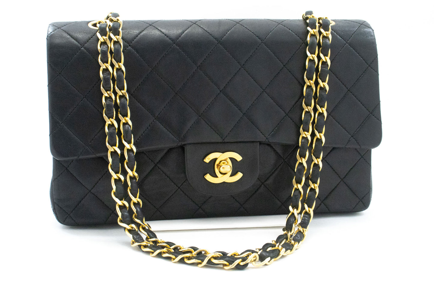 CHANEL Classic Double Flap 10" Chain Shoulder Bag Black Lambskin ag5 hannari-shop
