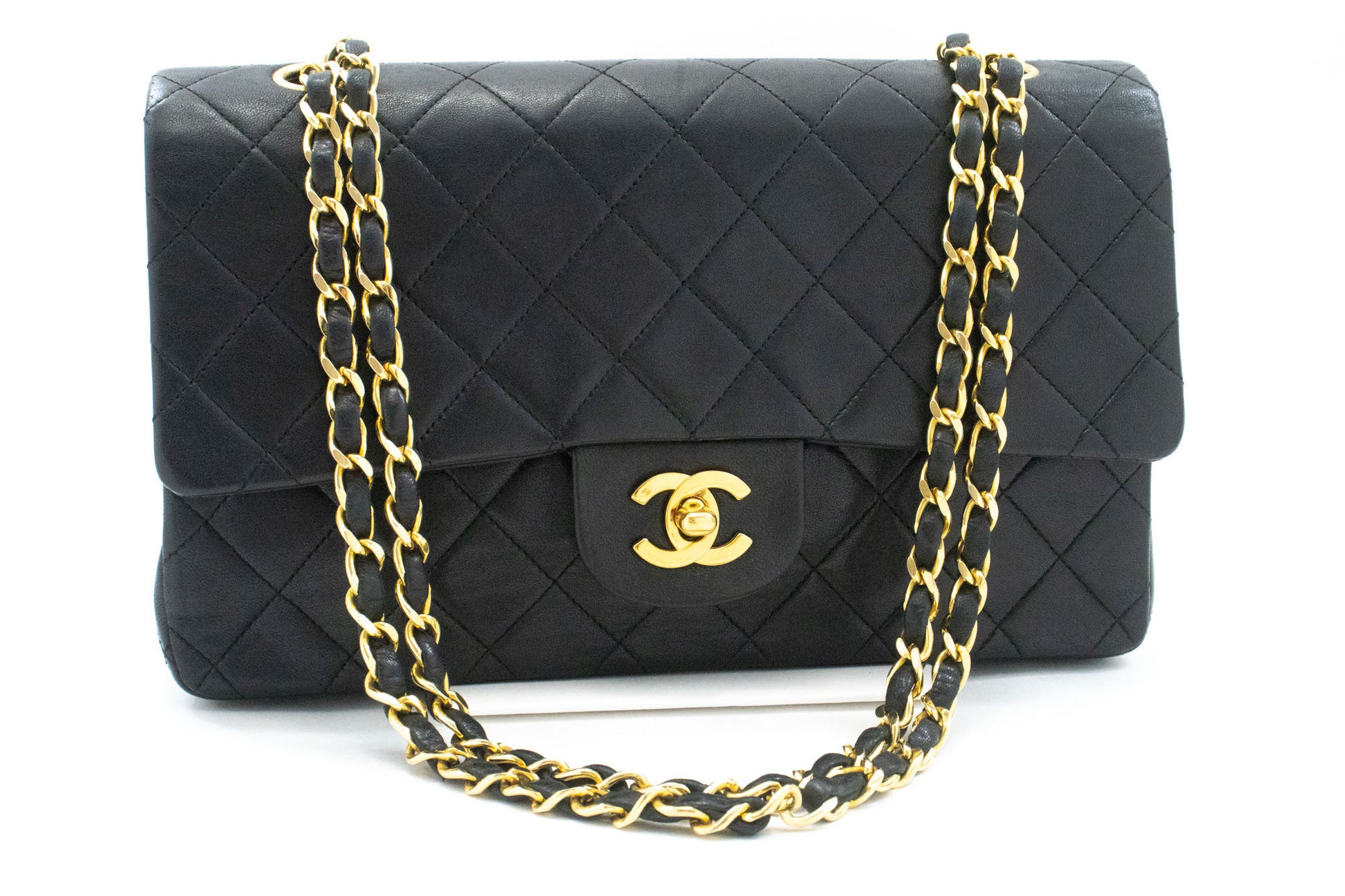 CHANEL Classic Double Flap 10" Chain Shoulder Bag Black Lambskin ag5 hannari-shop