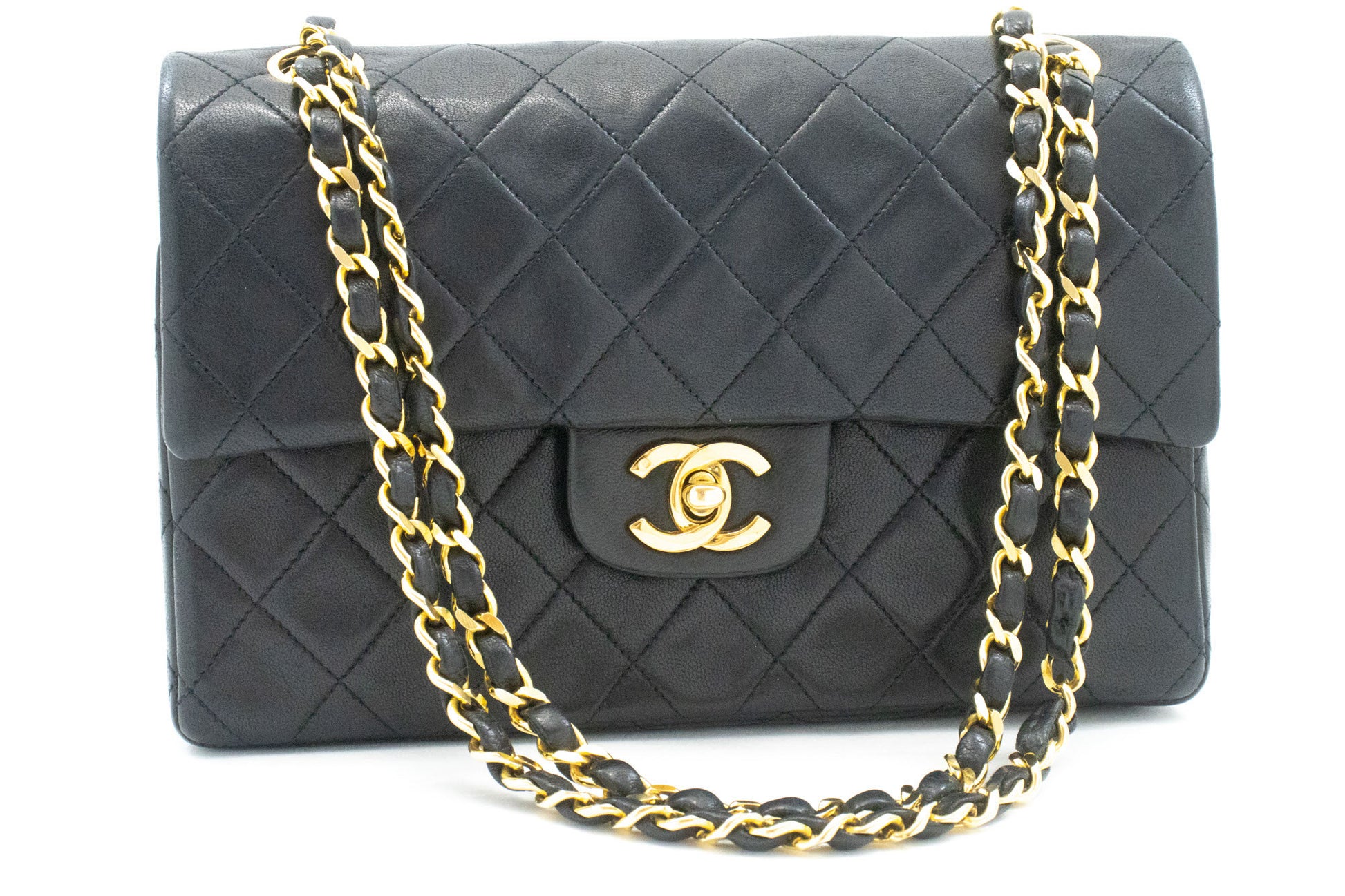 CHANEL Classic Double Flap 9" Chain Shoulder Bag Black Lambskin p46 hannari-shop