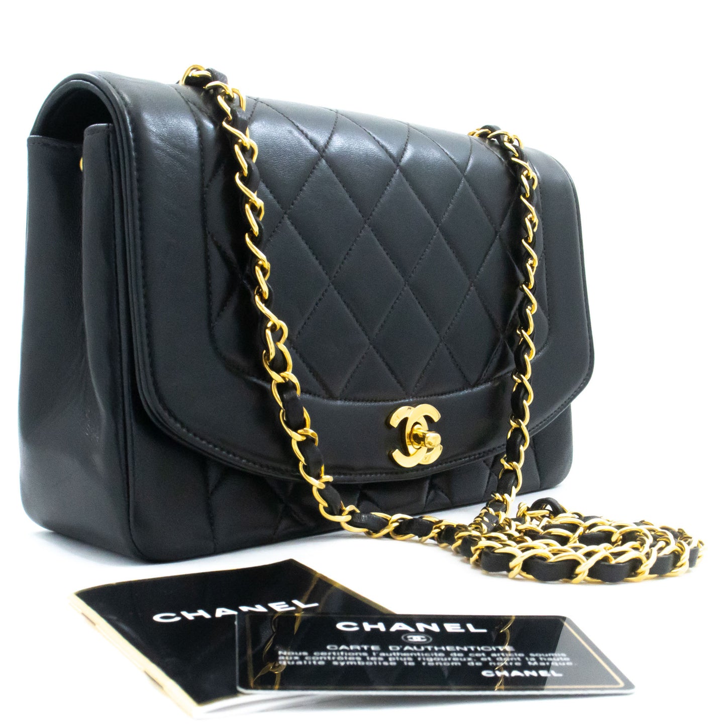 CHANEL Diana Flap Chain Shoulder Bag Black Quilted Lambskin Purse ah2 hannari-shop