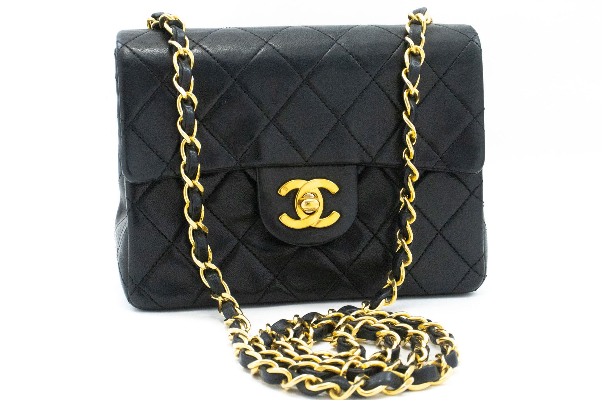 CHANEL Mini Square Small Chain Shoulder Bag Crossbody Black Lamb ag9 hannari-shop
