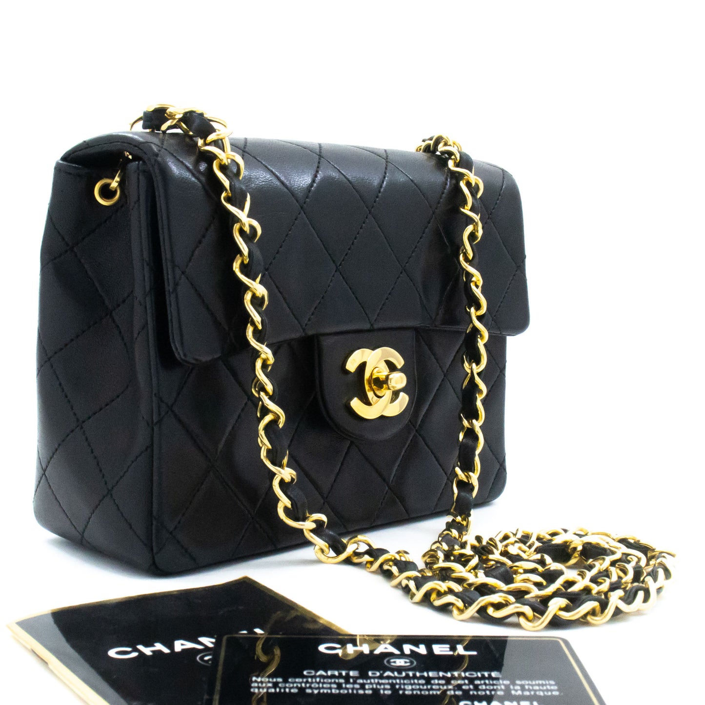 CHANEL Mini Square Kleine Kettentasche Umhängetasche Schwarz Lammfell ag7 hannari-shop