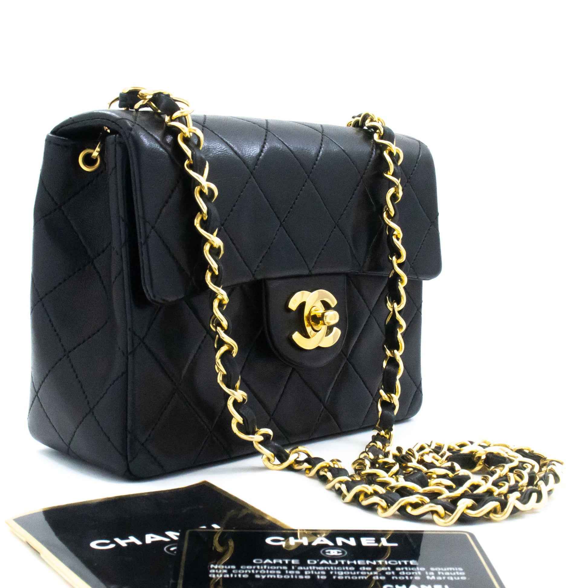 CHANEL Mini Square Kleine Kettentasche Umhängetasche Schwarz Lammfell ag7 hannari-shop