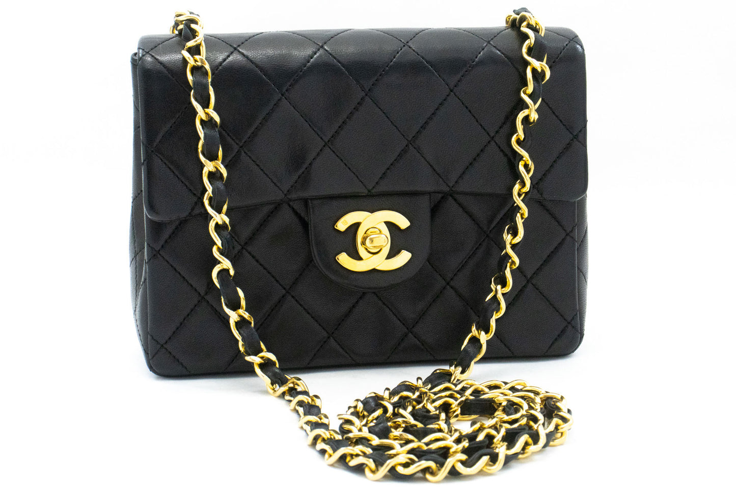CHANEL Mini Square Kleine Kettentasche Umhängetasche Schwarz Lammfell ag7 hannari-shop