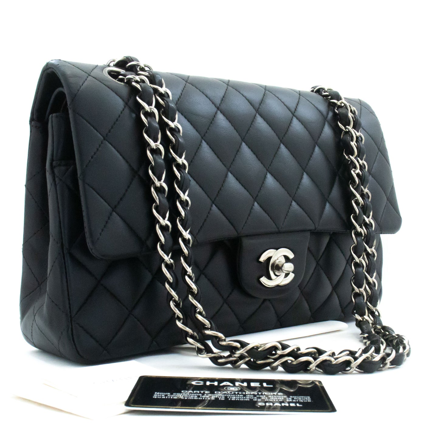 CHANEL Classic Double Flap 10" Schultertasche mit silberner Kette Schwarz ai1 hannari-shop