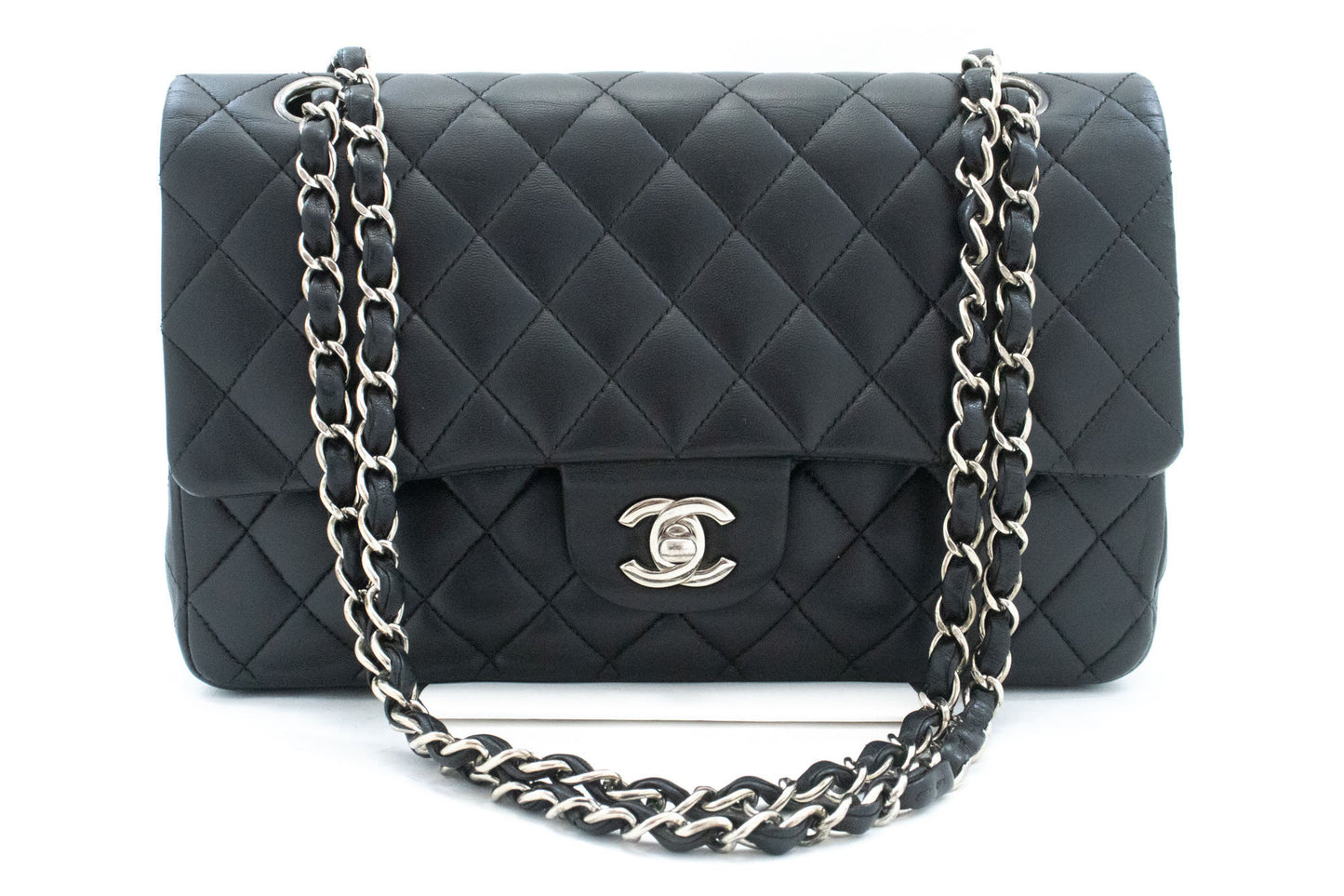 CHANEL Classic Double Flap 10" Schultertasche mit silberner Kette Schwarz ai1 hannari-shop