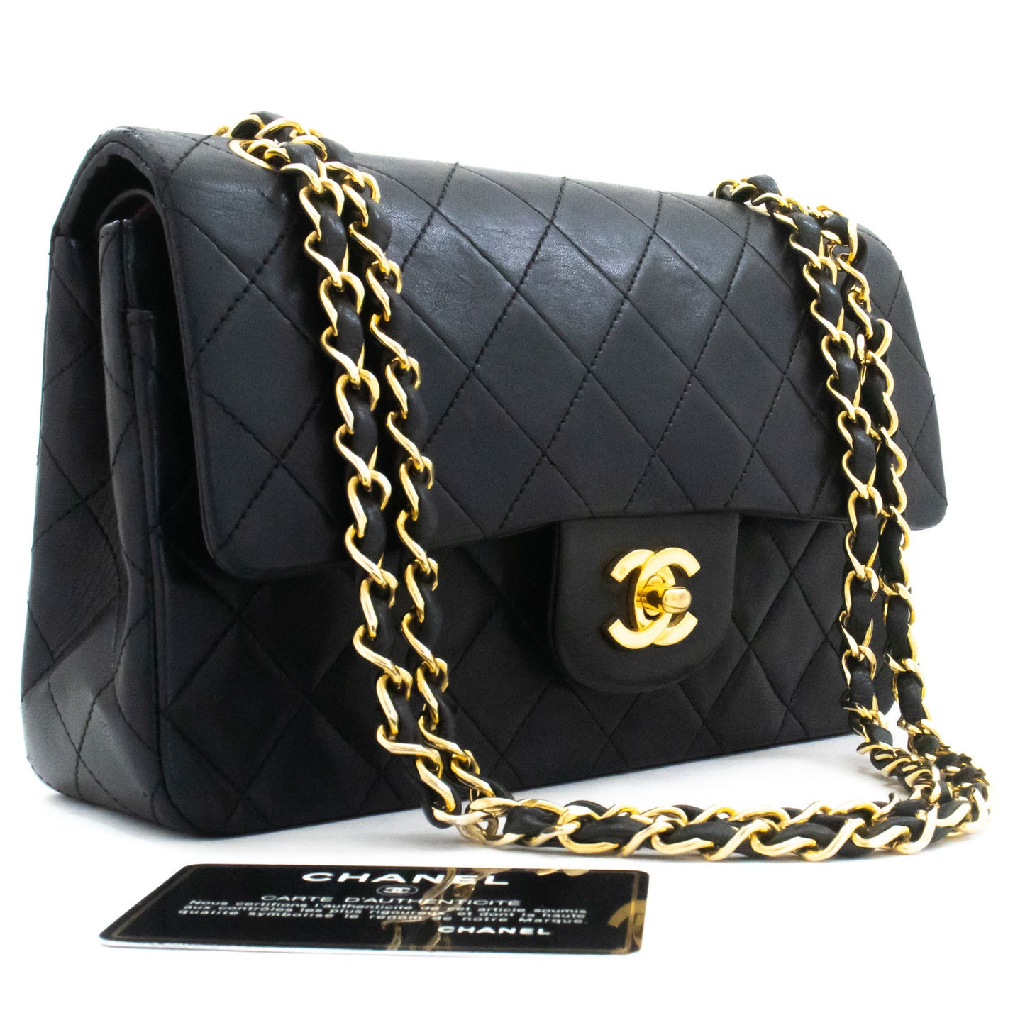 CHANEL Classic Double Flap 9" Kettentasche aus schwarzem Lammleder ak5 hannari-shop