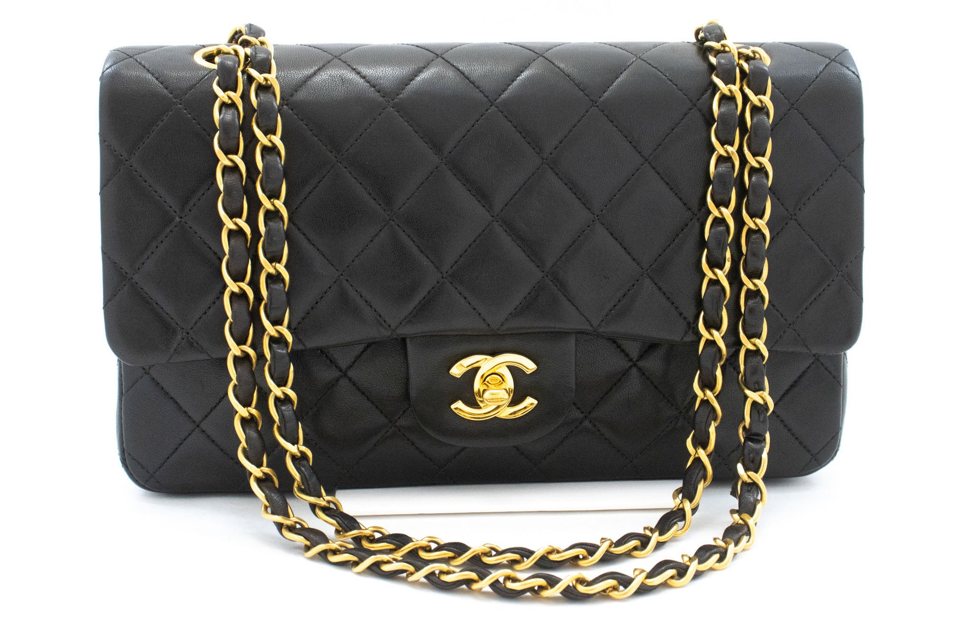 CHANEL Classic Double Flap 10" Kettentasche aus schwarzem Lammleder ak4 hannari-shop