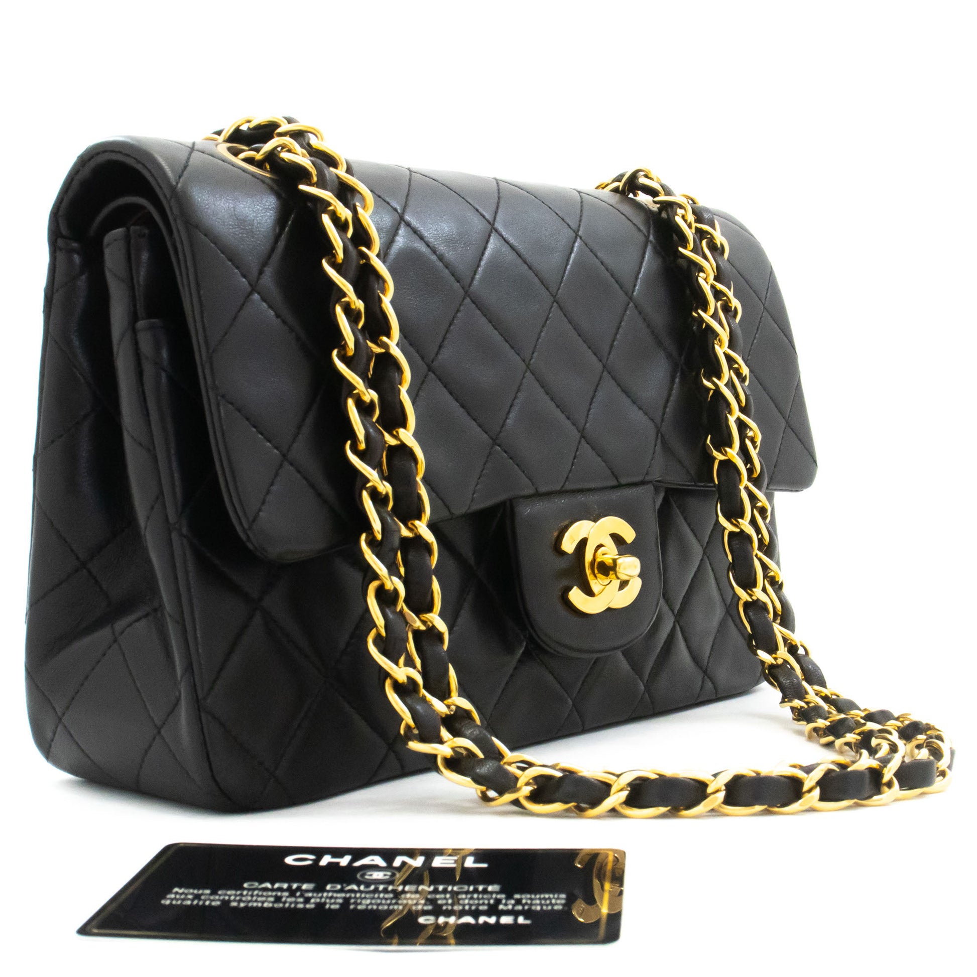 CHANEL Classic Double Flap 9" Chain Schultertasche Schwarz Lammleder ah3 hannari-shop