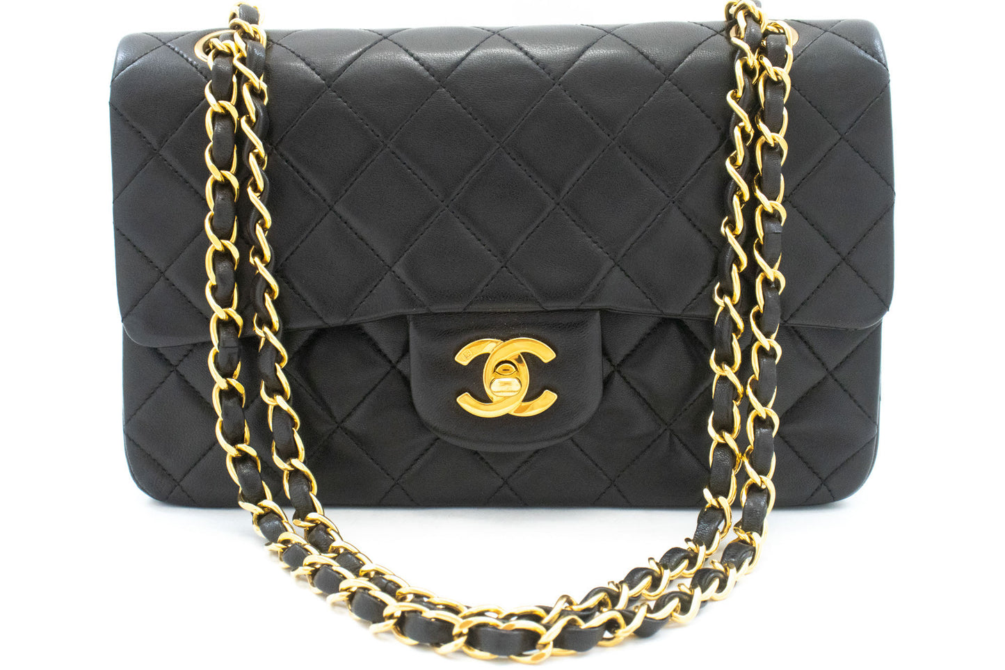 CHANEL Classic Double Flap 9" Chain Schultertasche Schwarz Lammleder ah3 hannari-shop