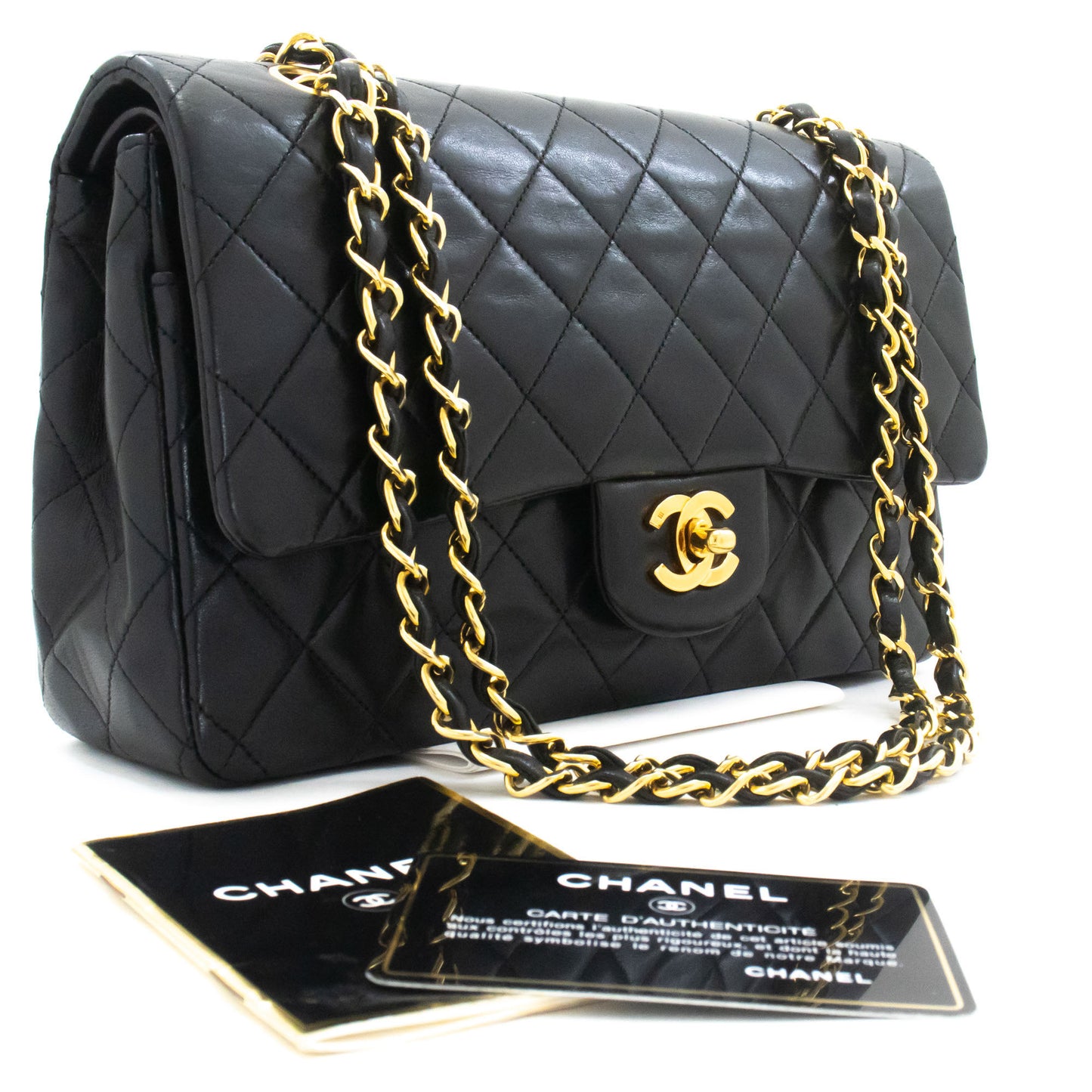 CHANEL Classic Double Flap 10" Kettenschultertasche Schwarz Lammleder ah7 hannari-shop