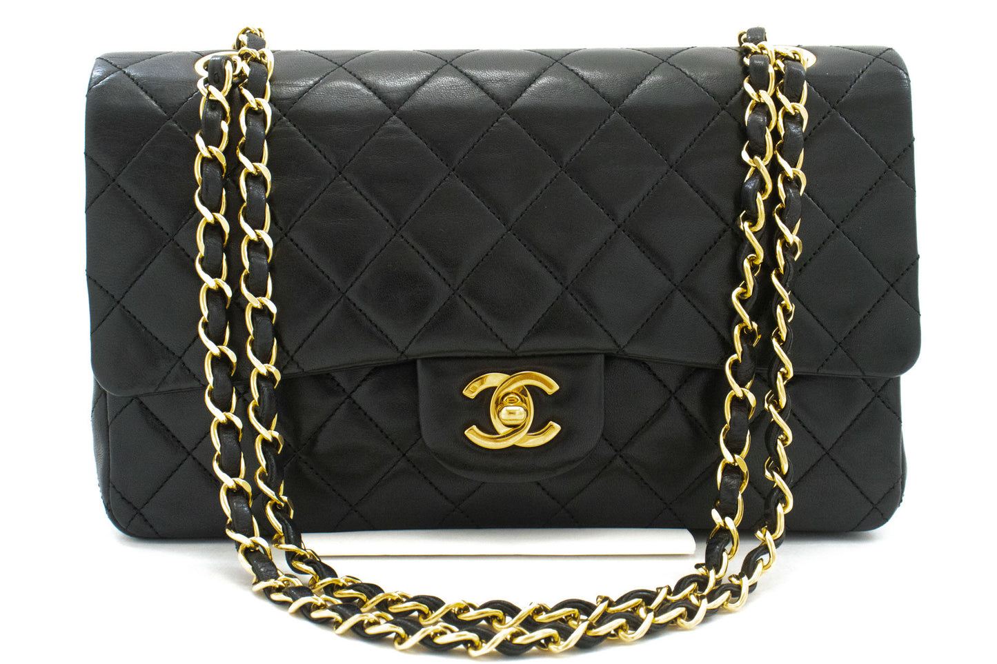 CHANEL Classic Double Flap 10" Kettenschultertasche Schwarz Lammleder ah7 hannari-shop