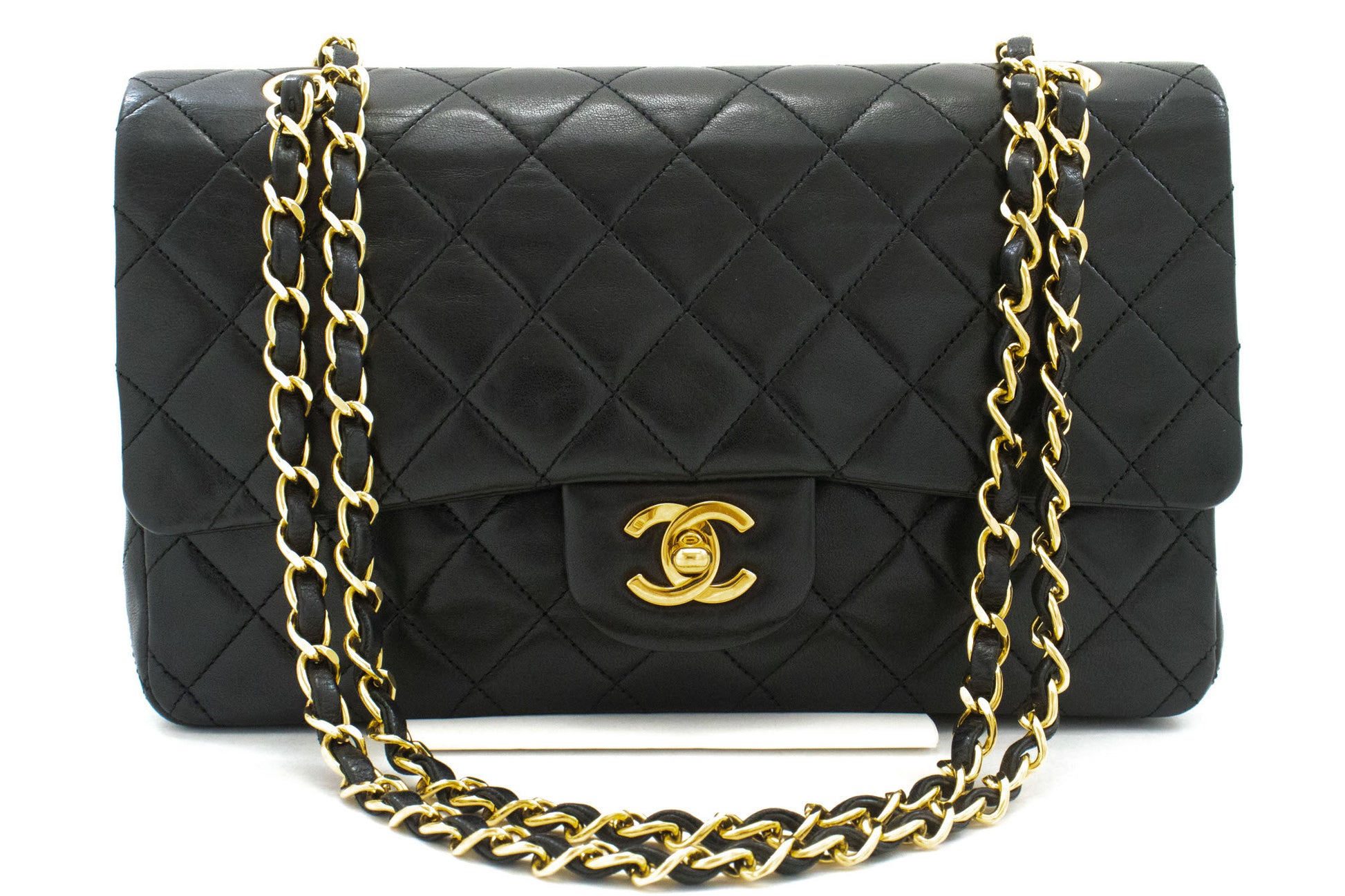 CHANEL Classic Double Flap 10" Kettenschultertasche Schwarz Lammleder ah7 hannari-shop