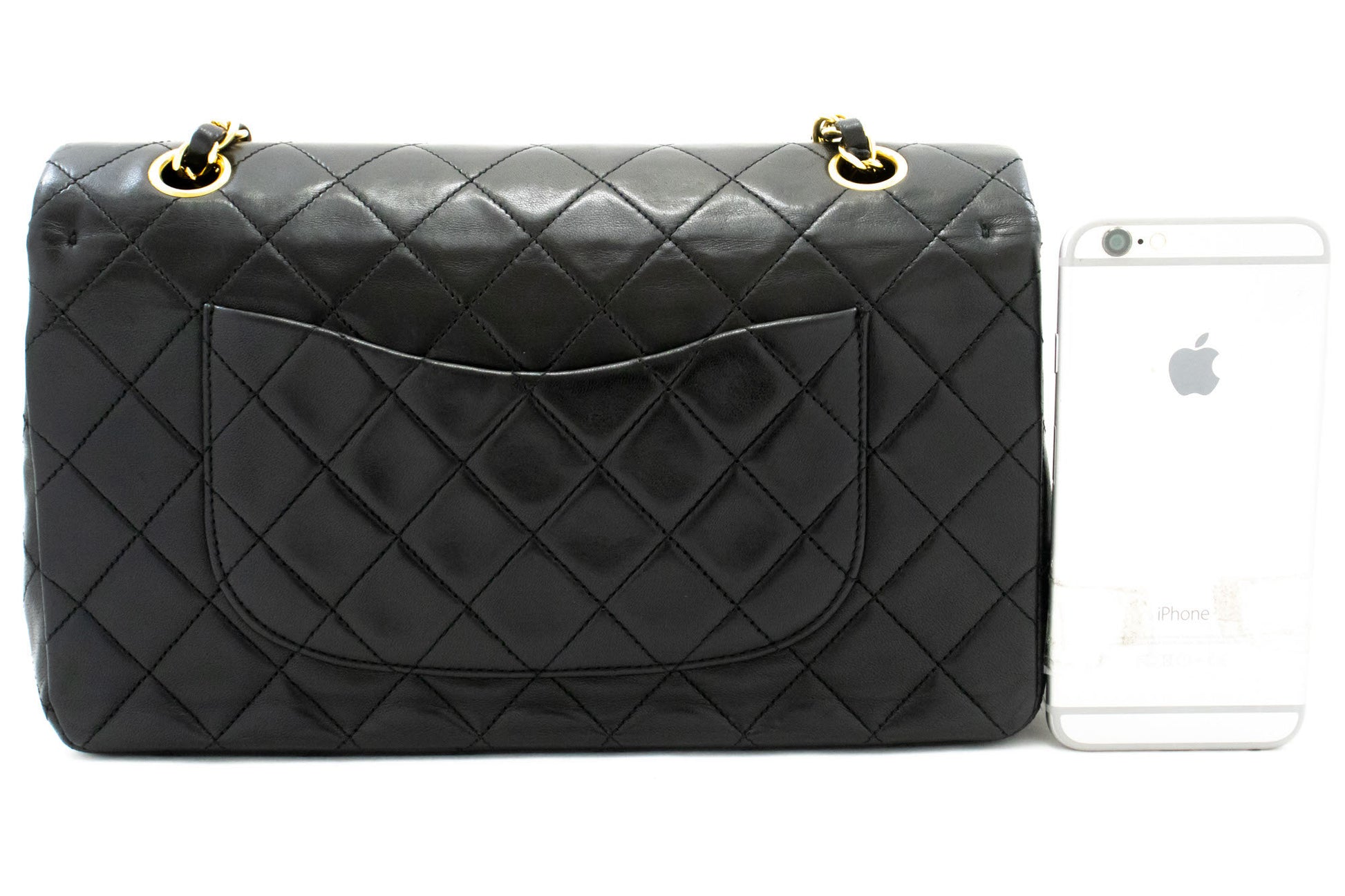 CHANEL Classic Double Flap 10" Kettenschultertasche Schwarz Lammleder ah7 hannari-shop