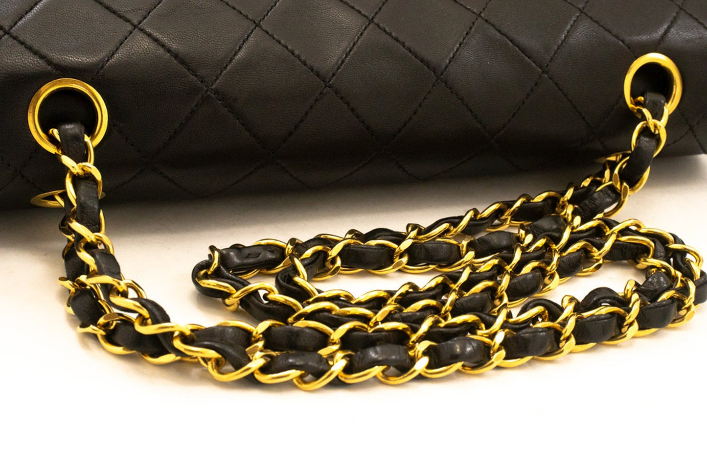 CHANEL Classic Double Flap 10" Ketten-Umhängetasche Schwarz Lammleder am1 hannari-shop