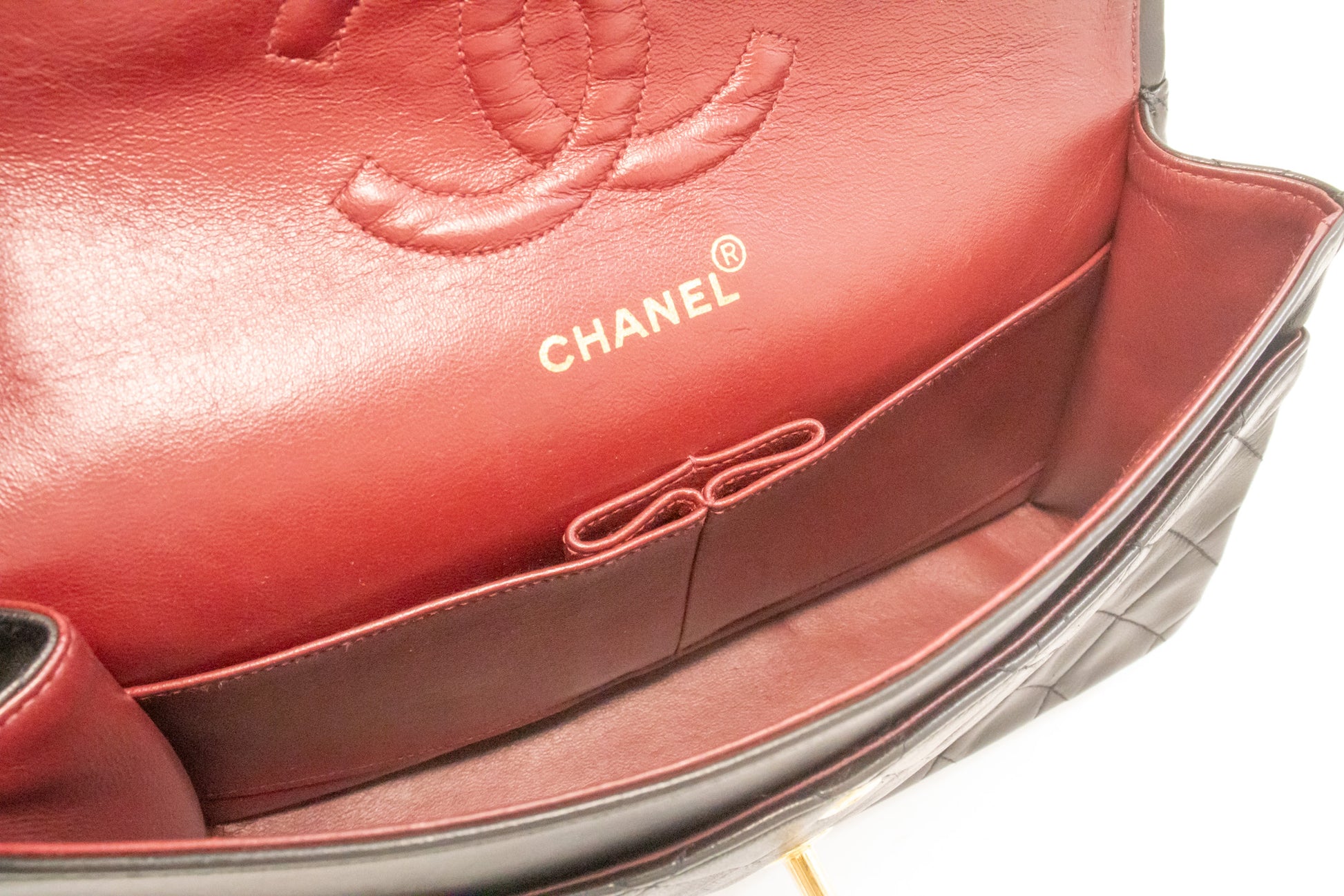CHANEL Classic Double Flap 10" Ketten-Umhängetasche Schwarz Lammleder am1 hannari-shop